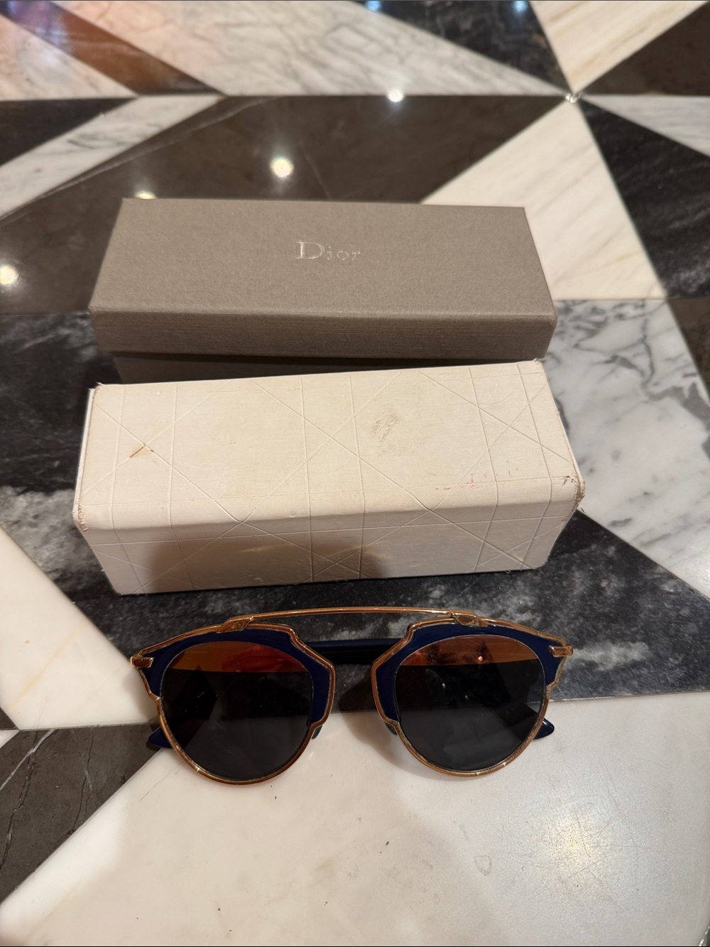 Dior Round Sunglasses in Navy Blue & Gold Trim